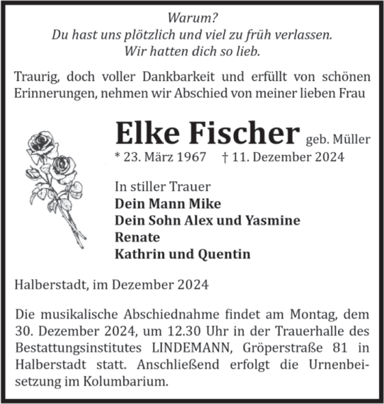 Traueranzeige von Elke Fischer von Volksstimme Halberstadt
