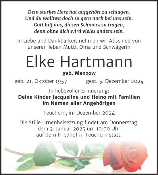 Traueranzeige von Elke Hartmann von Trauerkombi Weißenfels