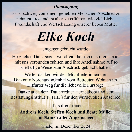 Traueranzeige von Elke Koch von Trauerkombi Quedlinburg