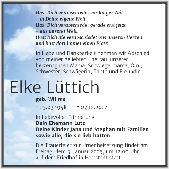 Traueranzeige von Elke Lüttich von Trauerkombi Mansfelder Land