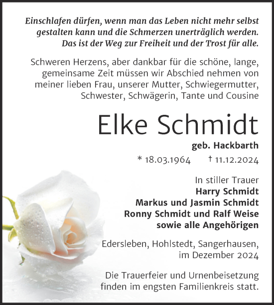 Traueranzeige von Elke Schmidt von Trauerkombi Sangerhausen
