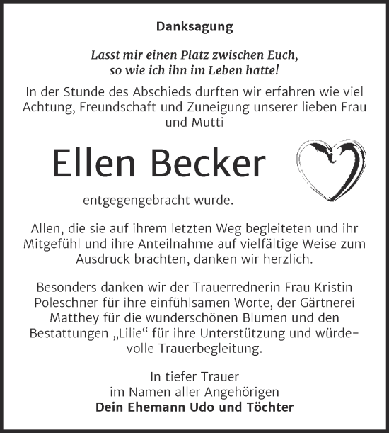 Traueranzeige von Ellen Becker von Trauerkombi Dessau
