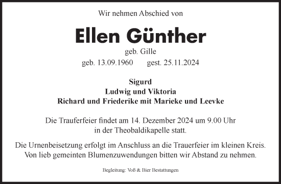 Traueranzeige von Ellen Günther von Volksstimme Wernigerode