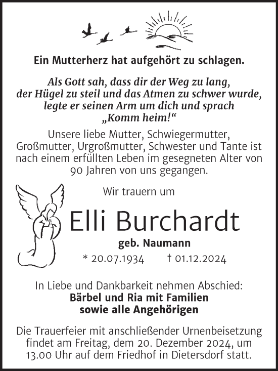 Traueranzeige von Elli Burchardt von Trauerkombi Sangerhausen