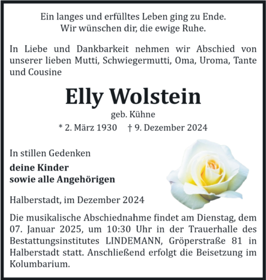 Traueranzeige von Elly Wolstein von Volksstimme Halberstadt