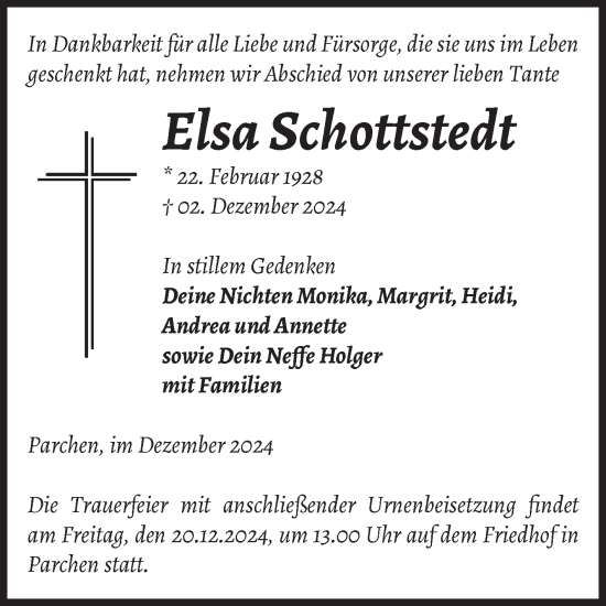 Traueranzeige von Elsa Schottstedt von Volksstimme Burg/Genthin
