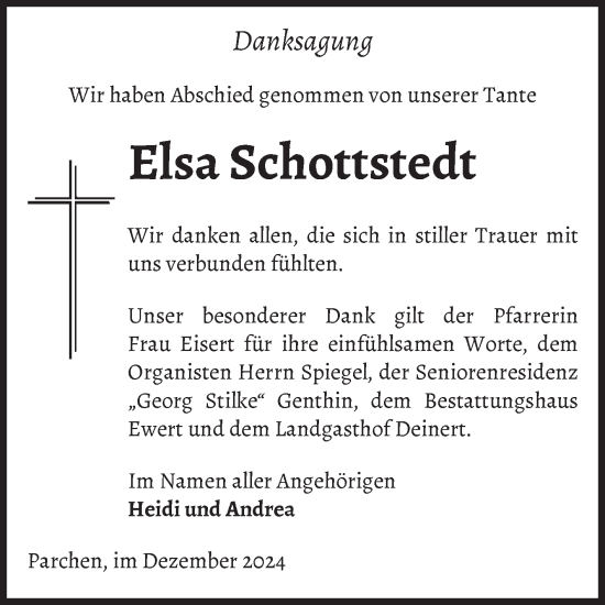 Traueranzeige von Elsa Schottstedt von Volksstimme Burg/Genthin