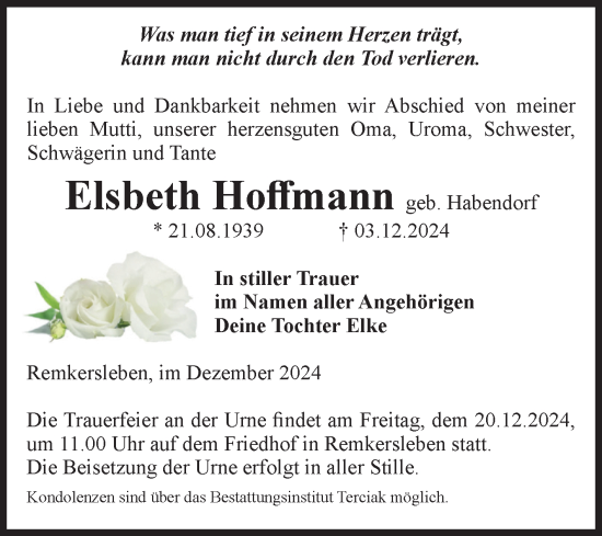 Traueranzeige von Elsbeth Hoffmann von Volksstimme Oschersleben/Wanzleben