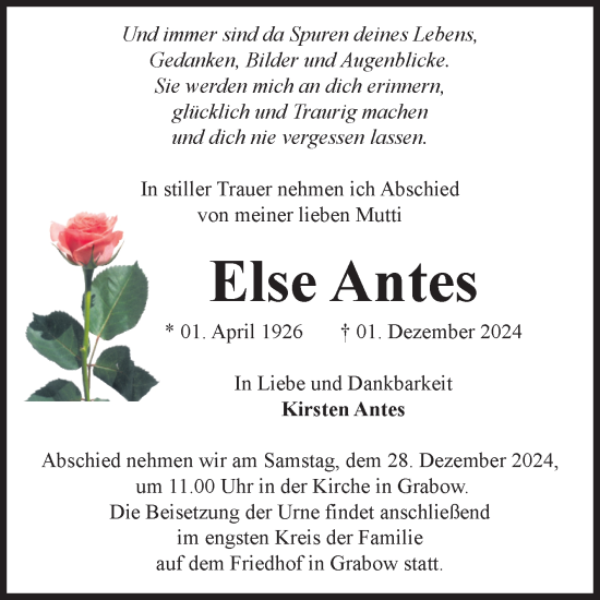 Traueranzeige von Else Antes von Volksstimme Burg/Genthin
