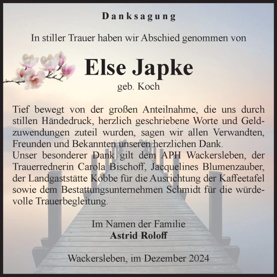 Traueranzeige von Else Japke von Volksstimme Oschersleben/Wanzleben