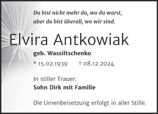 Traueranzeige von Elvira Antkowiak von Trauerkombi Aschersleben