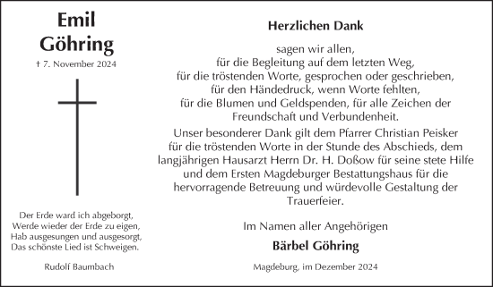 Traueranzeige von Emil Göhring von Volksstimme Magdeburg