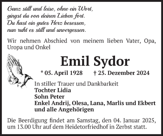 Traueranzeige von Emil Sydor von Volksstimme Zerbst
