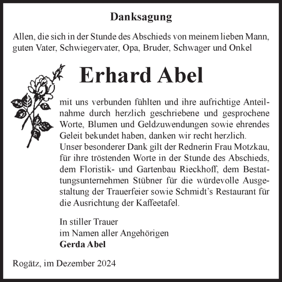 Traueranzeige von Erhard Abel von Volksstimme Haldensleben/Wolmirstedt