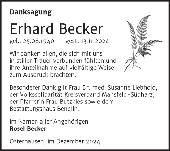 Traueranzeige von Erhard Becker von Trauerkombi Mansfelder Land