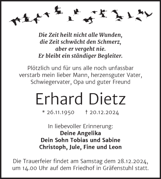 Traueranzeige von Erhard Dietz von Mitteldeutsche Zeitung Mansfelder Land