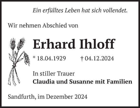 Traueranzeige von Erhard Ihloff von Volksstimme Altmark Ost