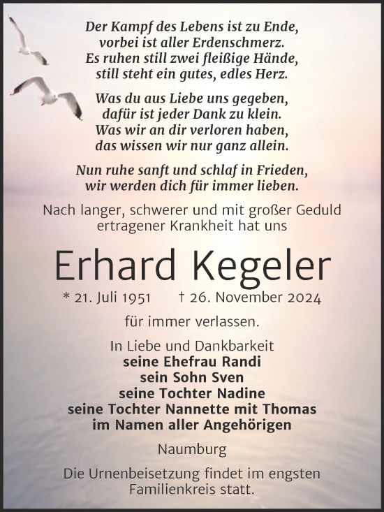 Traueranzeige von Erhard Kegeler von Super Sonntag Naumburg/Nebra