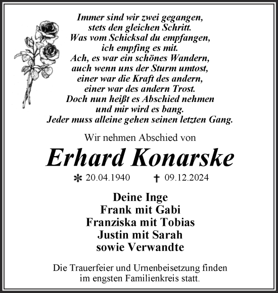 Traueranzeige von Erhard Konarske von Trauerkombi Wittenberg