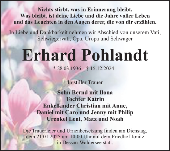 Traueranzeige von Erhard Pohlandt von Trauerkombi Dessau