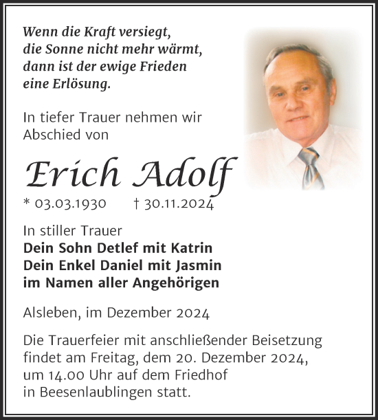 Traueranzeige von Erich Adolf von Trauerkombi Bernburg