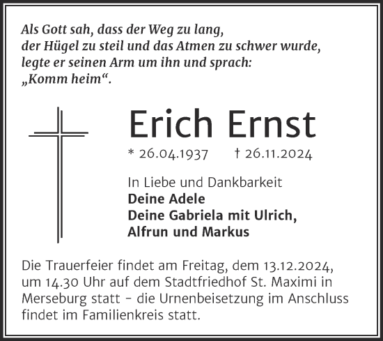 Traueranzeige von Erich Ernst von Trauerkombi Merseburg