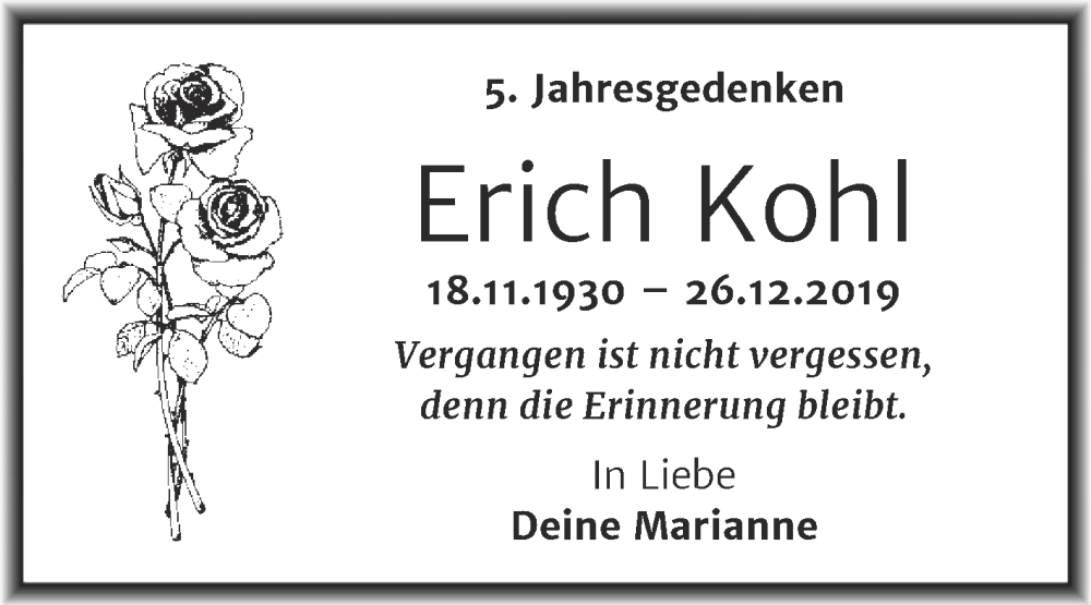  Traueranzeige für Erich Kohl vom 24.12.2024 aus Trauerkombi Mansfelder Land