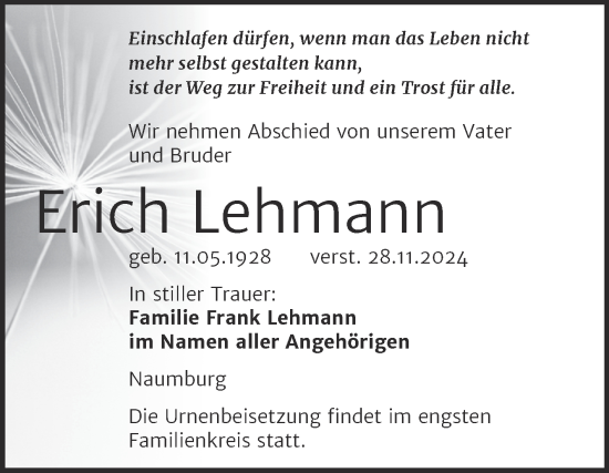 Traueranzeige von Erich Lehmann von Naumburger Tageblatt
