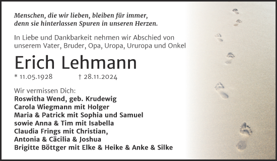 Traueranzeige von Erich Lehmann von Naumburger Tageblatt