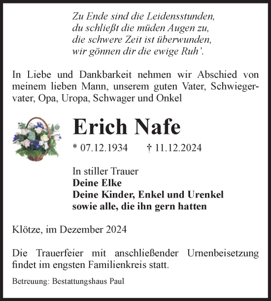 Traueranzeige von Erich Nafe von Volksstimme Altmark West