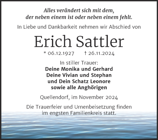 Traueranzeige von Erich Sattler von Trauerkombi Köthen