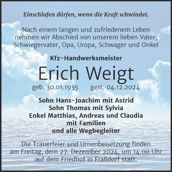 Traueranzeige von Erich Weigt von Trauerkombi Köthen