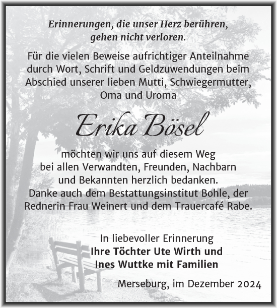 Traueranzeige von Erika Bösel von Trauerkombi Merseburg