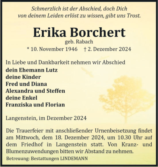 Traueranzeige von Erika Borchert von Volksstimme Halberstadt