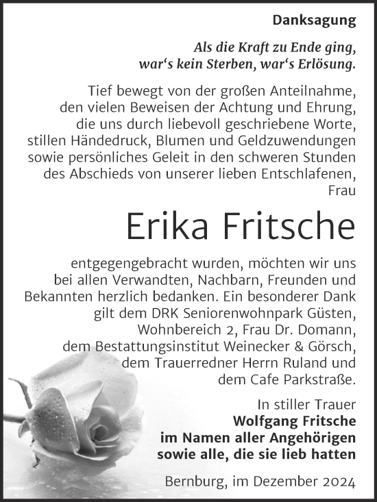 Traueranzeige von Erika Fritsche von Trauerkombi Bernburg