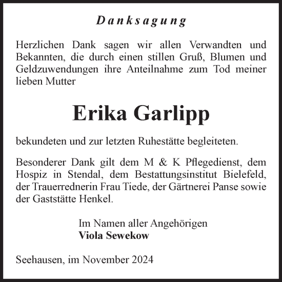Traueranzeige von Erika Garlipp von Volksstimme Altmark Ost