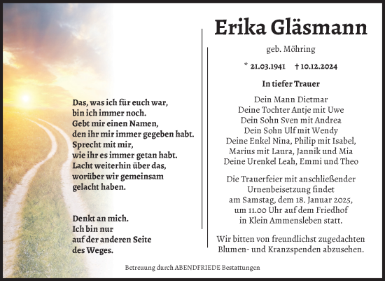 Traueranzeige von Erika Gläsmann von Volksstimme Haldensleben/Wolmirstedt