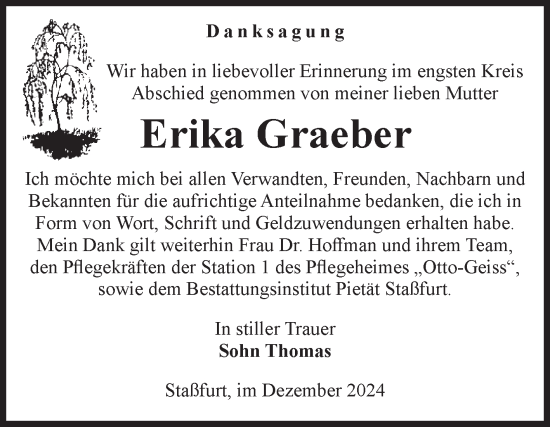 Traueranzeige von Erika Graeber von Volksstimme Staßfurt
