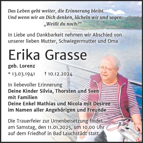 Traueranzeige von Erika Grasse von Trauerkombi Merseburg