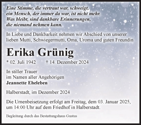 Traueranzeige von Erika Grünig von Volksstimme Halberstadt