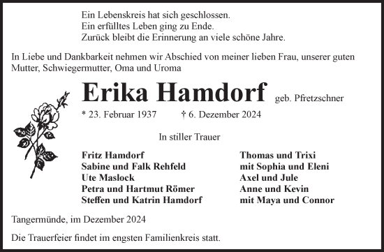 Traueranzeige von Erika Hamdorf von Volksstimme Altmark Ost