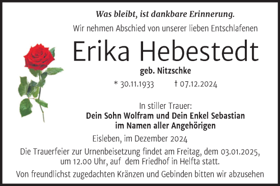 Traueranzeige von Erika Hebestedt von Trauerkombi Mansfelder Land