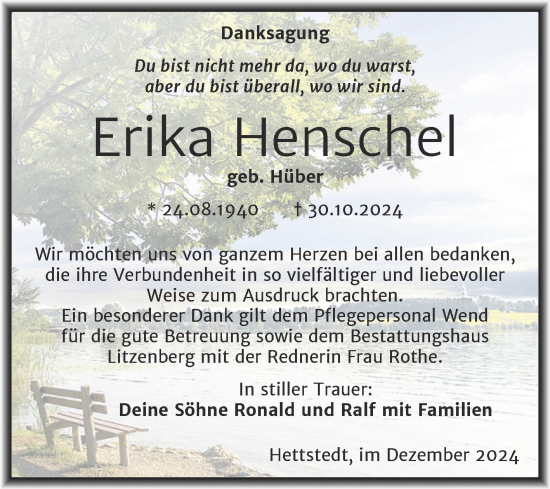 Traueranzeige von Erika Henschel von Trauerkombi Mansfelder Land