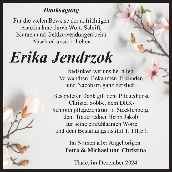 Traueranzeige von Erika Jendrzok von Trauerkombi Quedlinburg