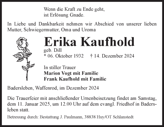 Traueranzeige von Erika Kaufhold von Volksstimme Halberstadt