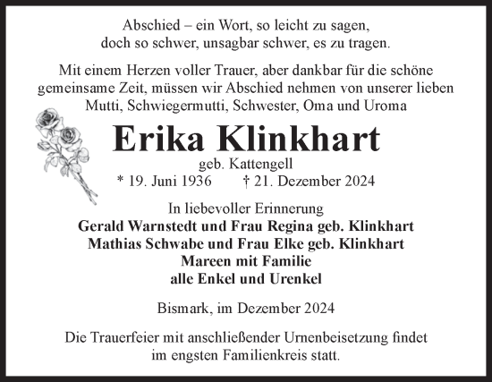 Traueranzeige von Erika Klinkhart von Volksstimme Altmark Ost