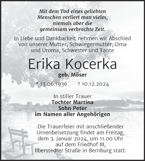 Traueranzeige von Erika Kocerka von Trauerkombi Bernburg