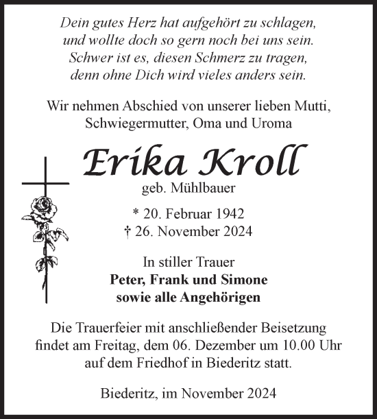 Traueranzeige von Erika Kroll von Volksstimme Burg/Genthin