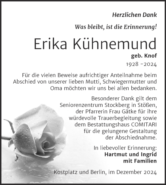 Traueranzeige von Erika Kühnemund von Trauerkombi Weißenfels