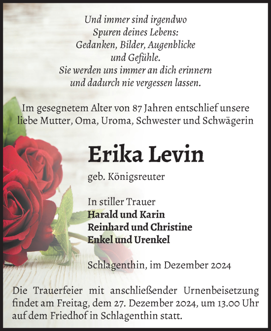 Traueranzeige von Erika Levin von Volksstimme Burg/Genthin